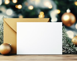 Obraz premium Blank Christmas card with envelope mockup on wooden table with holiday decorations and blurred lights background