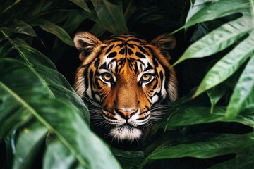 Fototapeta premium Tiger stalking through dense jungle foliage, showcasing its fierce and majestic presence in a natural wilderness environment