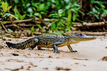 Obraz premium Crocodile walking slowly across sandy terrain in a tropical jungle, surrounded by green foliage, showcasing its natural habitat and wildlife behavior