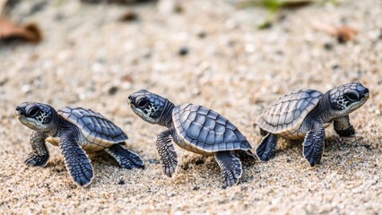 Three baby sea turtles crawling on sandy beach toward the ocean, wildlife scene of marine hatchlings beginning their journey to the sea