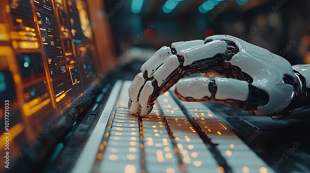 Poster a robotic hand types on a keyboard, showcasing the rise of artificial intelligence in technology.