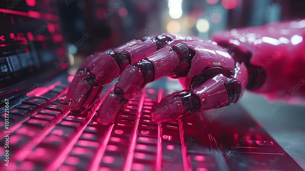 Poster a robotic hand with a pink metallic finish is typing on a laptop keyboard. the keyboard is illuminat