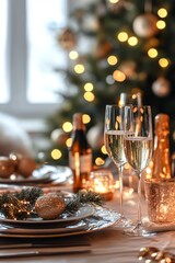 Elegant Christmas dinner setting with sparkling glasses near a beautifully decorated tree and warm golden lights