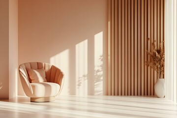 Armchair in empty room with modern interior in peach fuzz color. Chair in empty studio on wall panels with wooden slats background. Premium mockup for product design