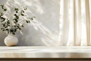 Beige marble kitchen countertop for product presentation. Empty stone tabletop mockup for beauty and food advertising