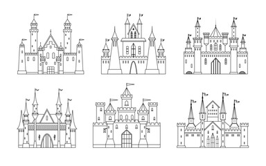 Six different castles with multiple towers flags and large gates, all drawn in a detailed black and white vector style. Ideal for fairy tales medieval events logo design architectural studies fantasy