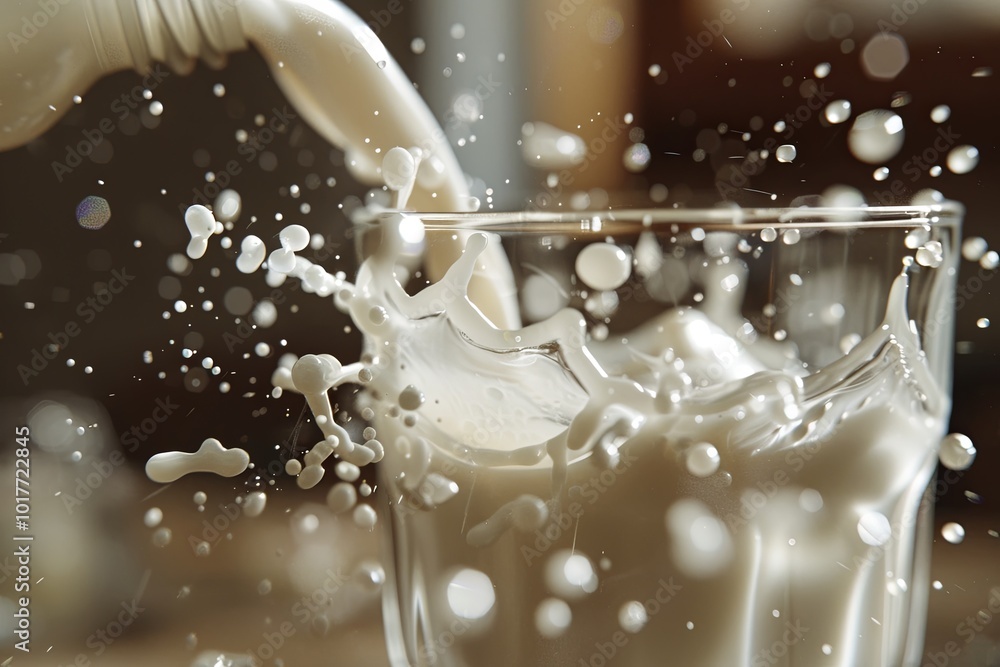 Aufkleber a cloud of milk splatters as it is poured into a glass, creating a lively and energetic moment in a 