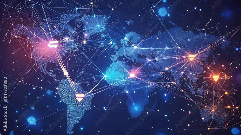Poster Abstract world map with glowing lines and dots representing connections and network.