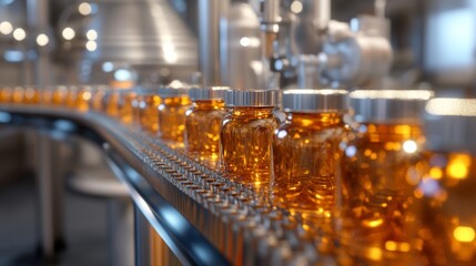 Efficient pharmaceutical production line featuring amber bottles for quality assurance
