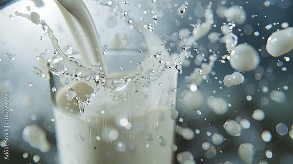 Poster milk is poured into a glass, creating a dynamic splash, with droplets catching the light in a bright