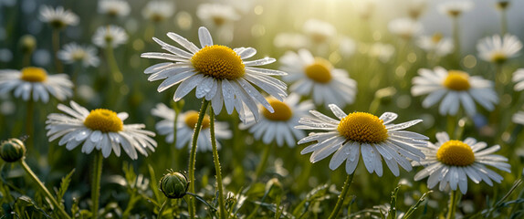 Fototapeta premium Close up of Chamomile in meadow, wild chamomile (chamomile) in the morning sunlight