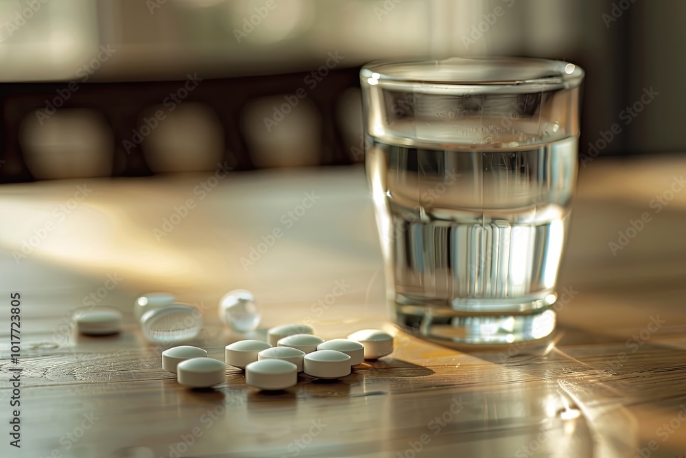 Poster white tablets lie scattered on a wooden table next to a glass of water bathed in warm afternoon ligh