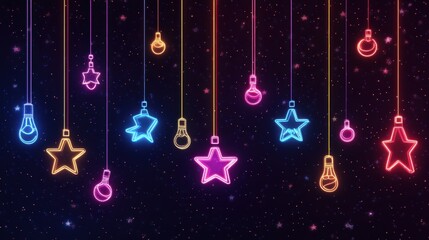 Glowing neon stars and bulbs hanging in night sky with sparkling stars in christmas theme