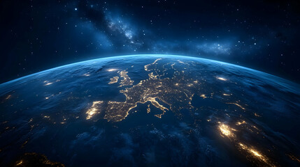 Fototapeta premium A Nighttime View of Earth From Space Featuring the European Continent with Glowing Cities and a Starry Sky
