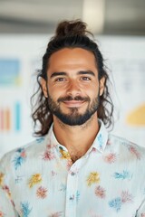 Fototapeta premium male data scientist with long hair tied in a ponytail, wearing a casual shirt, smiling while pointing at a data graph. Blurred background of a modern tech office
