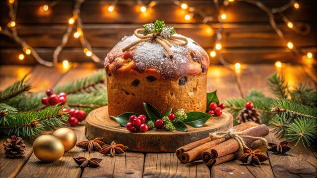 Festively baked homemade panettone sits on a rustic wooden table, exuding warmth and holiday spirit, perfect for sharing during Christmas gatherings with loved ones.