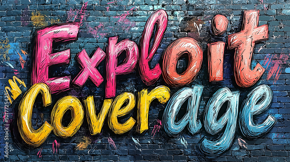 Poster image of 'exploit coverage' executed in graffiti style on a brick wall, capturing the essence of urb