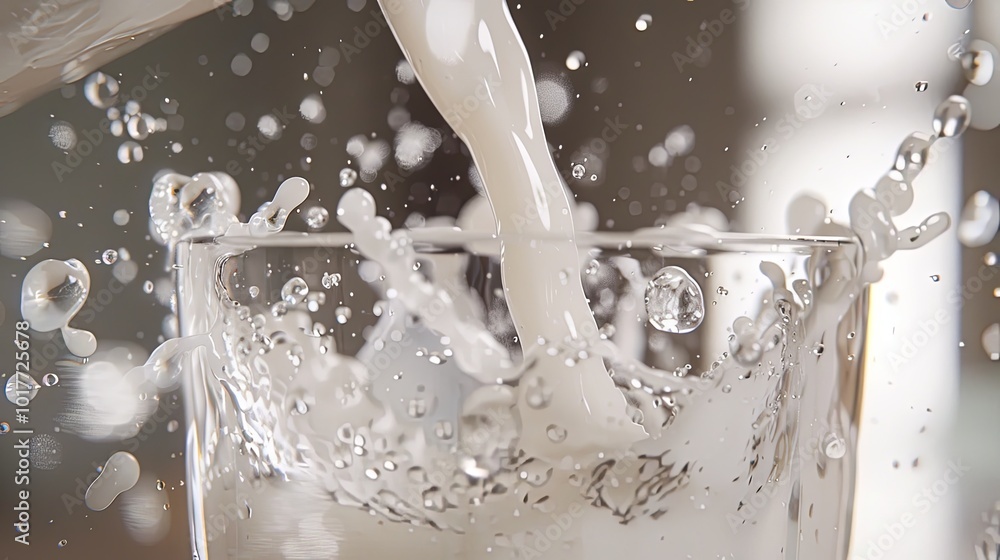 Aufkleber fresh milk is poured into a glass, splashing droplets and creating a lively scene in a well-lit kitc