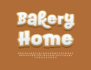 Vector tasty label Bakery Home. Sweet Gingerbread style Font. Funny handwritten Alphabet Letters and Numbers set.