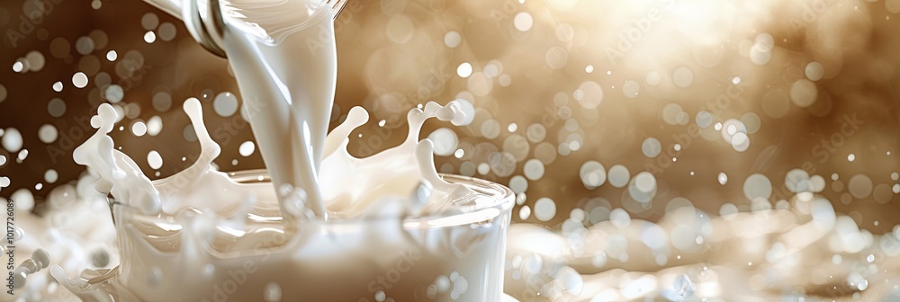 Aufkleber A glass fills with milk as it splashes, creating an elegant display of droplets and soft light, enhancing the warmth of the kitchen. Generative AI