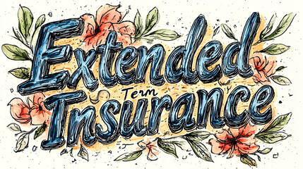 Artistic depiction of extended insurance concept, featuring ornate lettering surrounded by vibrant flowers on a textured background, highlighting its appeal.