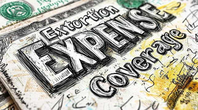 Creative depiction of extortion expense coverage particulars, combining detailed sketch artistry with emphasis on financial security provided by the policy.