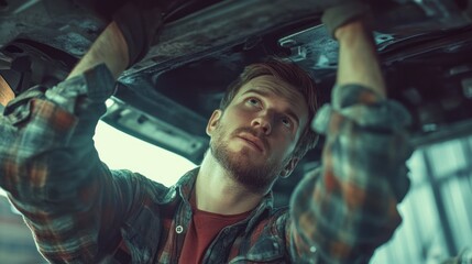 Obraz premium In a car service station, a hipster man mechanic is under a car. skilled mechanic employed at a car repair shop.