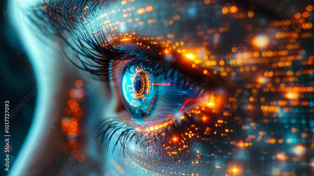 Poster futuristic eye with ai-driven digital interface visualization reflecting innovation, automation, and
