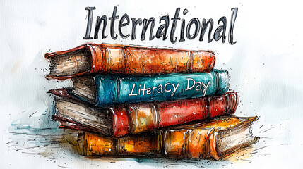 A charming illustration depicts a stack of colorful books with 'International Literacy Day' written across them, emphasizing the importance of literacy.