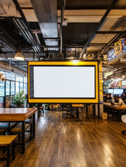 Modern workspace featuring a large blank screen and communal seating areas.