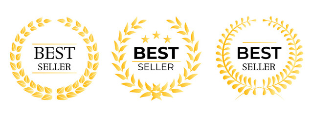 Three golden laurel wreath designs with the words Best Seller in the center Ideal for product promotions, awards, certifications, achievement recognitions, and marketing materials Simple modern design