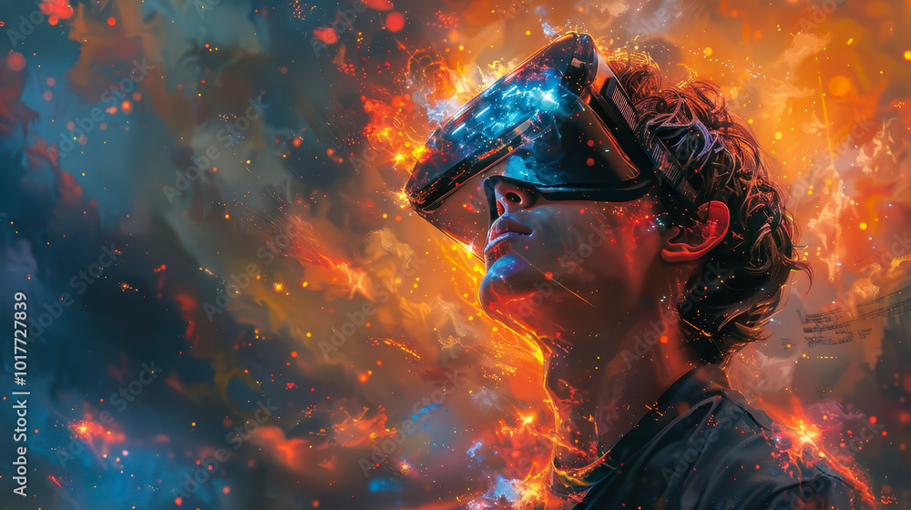 Poster immersive virtual reality experience: man exploring digital particles in futuristic simulation with 