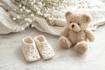 Delicate baby booties beside a soft plush bear on a cozy blanket with dried flowers