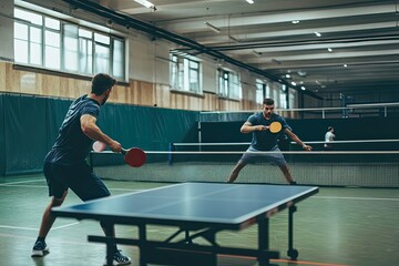 Two Men Playing Table Tennis in an Indoor Facility