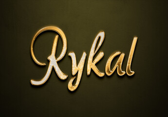 Old gold text effect of futuristic name Rykal with 3D glossy style Mockup.