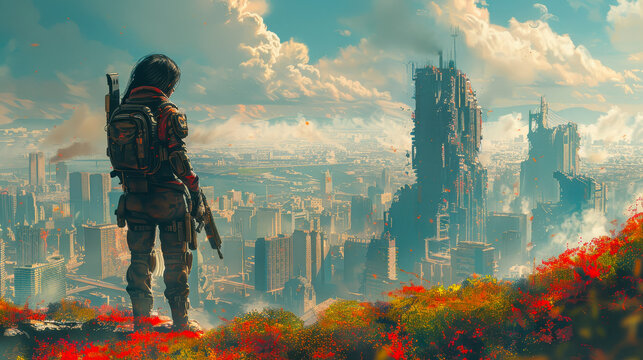 Futuristic Female Soldier Standing Against Ruined Cityscape with Gun, Digital Art, Post-Apocalyptic Illustration, Morning Scene, Determination, Sci-Fi Theme