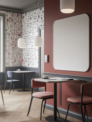 Cozy café interior with stylish furniture and decorative wallpaper.