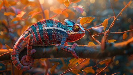 Colorful chameleon blending into vibrant autumn foliage