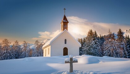 A white church standing in a snow-covered landscape, with a single wooden cross in front.