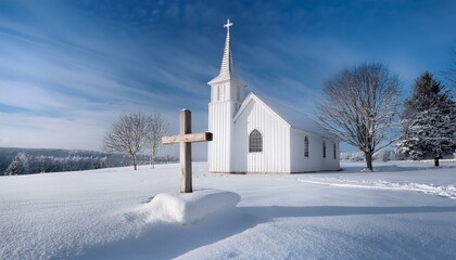 A white church standing in a snow-covered landscape, with a single wooden cross in front.