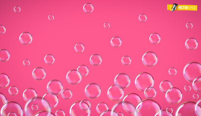 Vector realistic illustration of soap bubbles on a pink background.