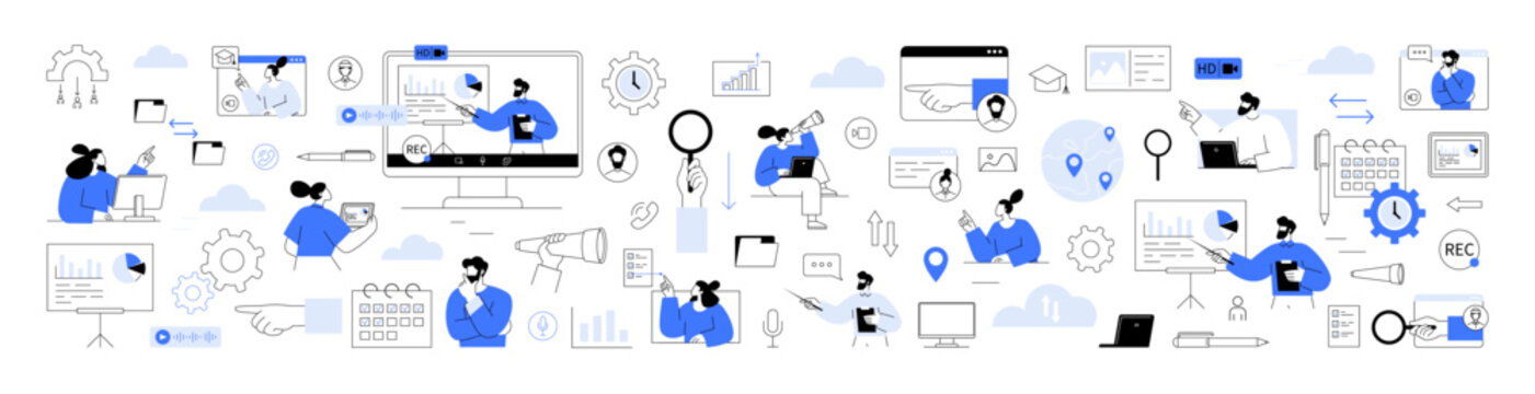 Virtual collaboration, video conferencing, remote project management. Team members collaborate projects presentation screens. Business marketing strategies, team management, project planning, and data