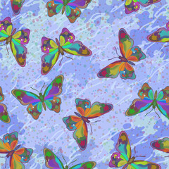 Seamless Pattern, Exotic Colorful Butterflies on Tile Background. Vector