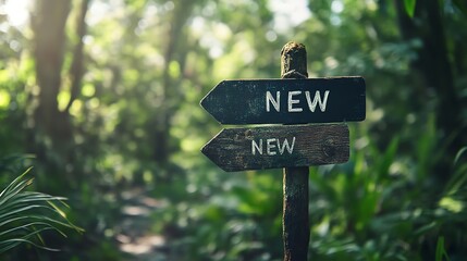A weathered wooden signpost in a lush forest points in two directions, both with the word "NEW" written on them.
