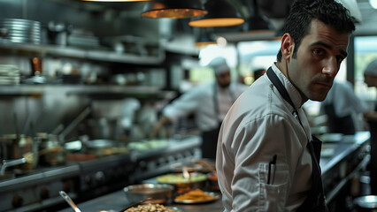 Fototapeta premium Chef working in a busy restaurant kitchen preparing food