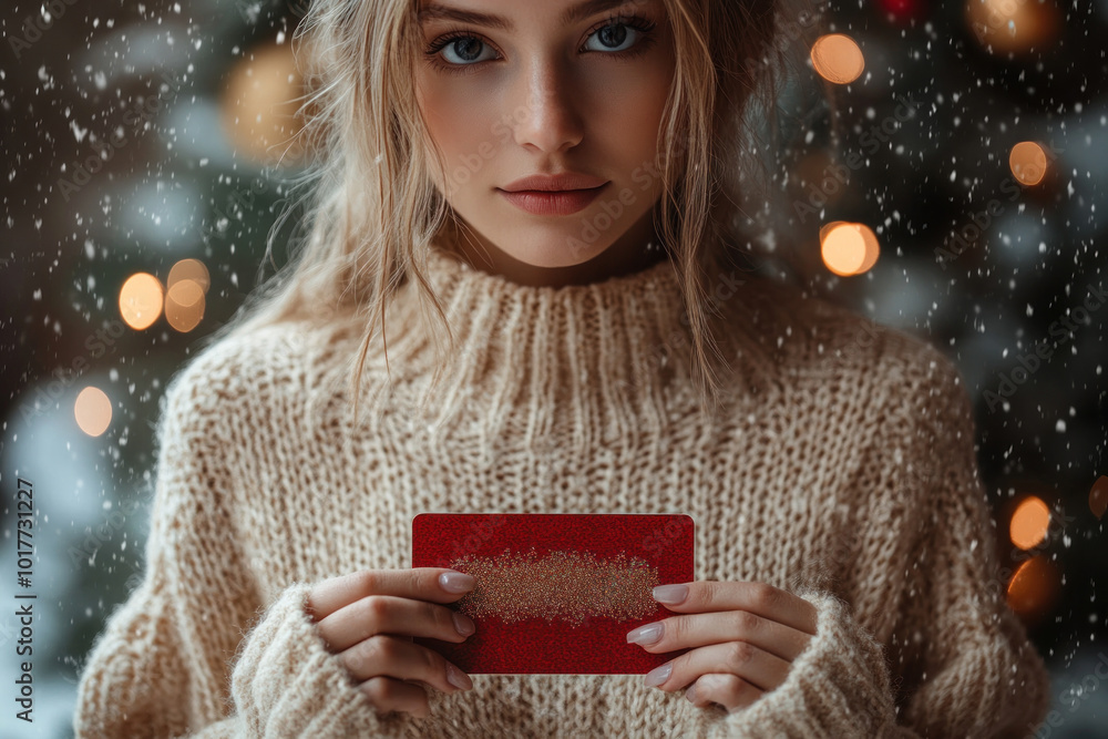 Wall mural Woman holding red gift box in front of Christmas tree.