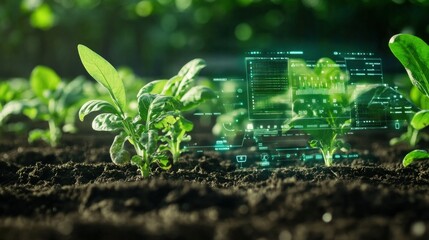 An AI system analyzing soil samples in real-time, with digital displays showing nutrient levels, moisture content, and recommendations for optimal planting