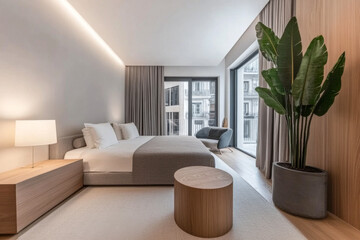 Modern bedroom interior with natural light and contemporary furnishings in a stylish apartment