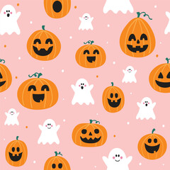 Design of Halloween pattern with cute pumpkin lanterns and ghosts. Vector illustration