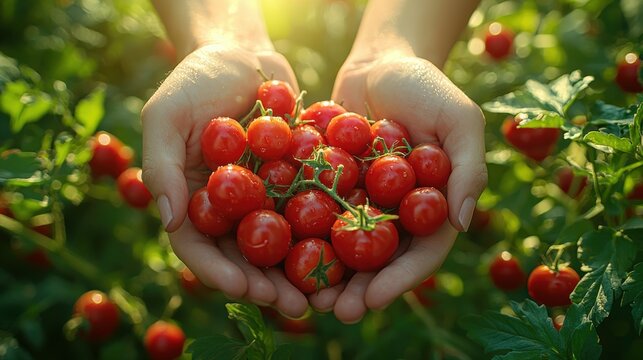 Close-up of hands holding a bunch of freshly picked cherry tomatoes, with droplets of water glistening in the sunlight, capturing the essence of organic gardening and healthy eating. - Powered by Adobe